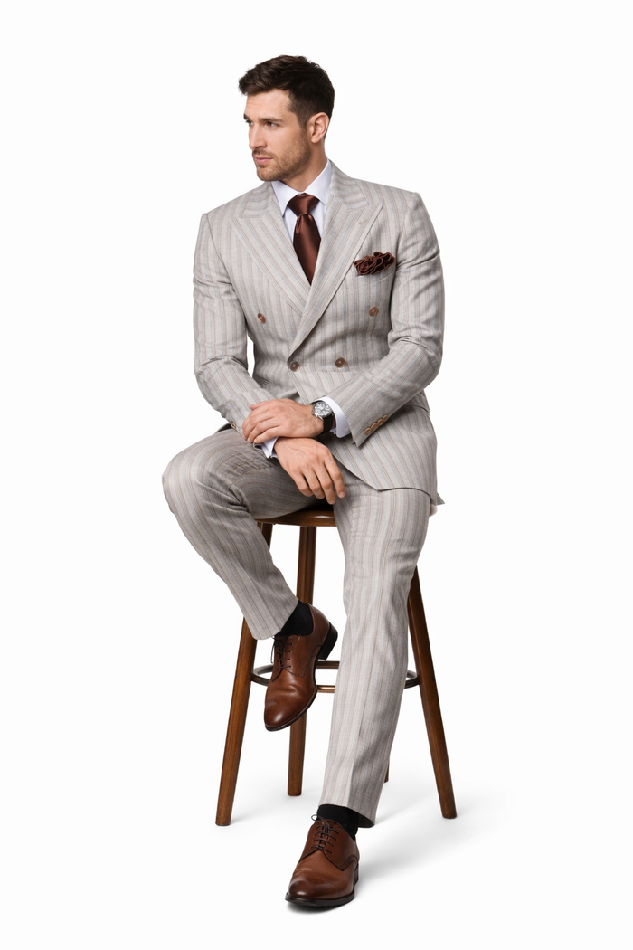 Sandstone Regent Double-Breasted Stripe Suit by Rossiman