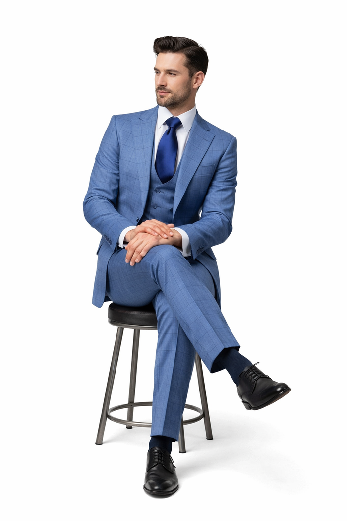 Sky Blue Windowpane 3-Piece Tailored Wedding Suit by Rossiman