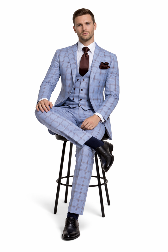 Sky Reflection Blue Windowpane 3-Piece Tailored Suit by Rossiman