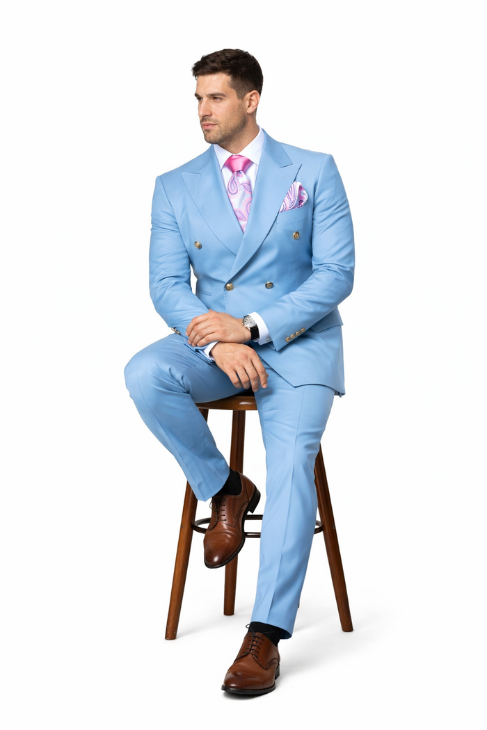 Sky Royale Double-Breasted 3-Piece Luxury Suit in Powder Blue by Rossiman