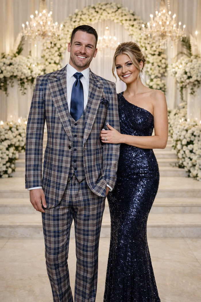 Camel & Navy Tartan 3-Piece Modern Wedding Suit
