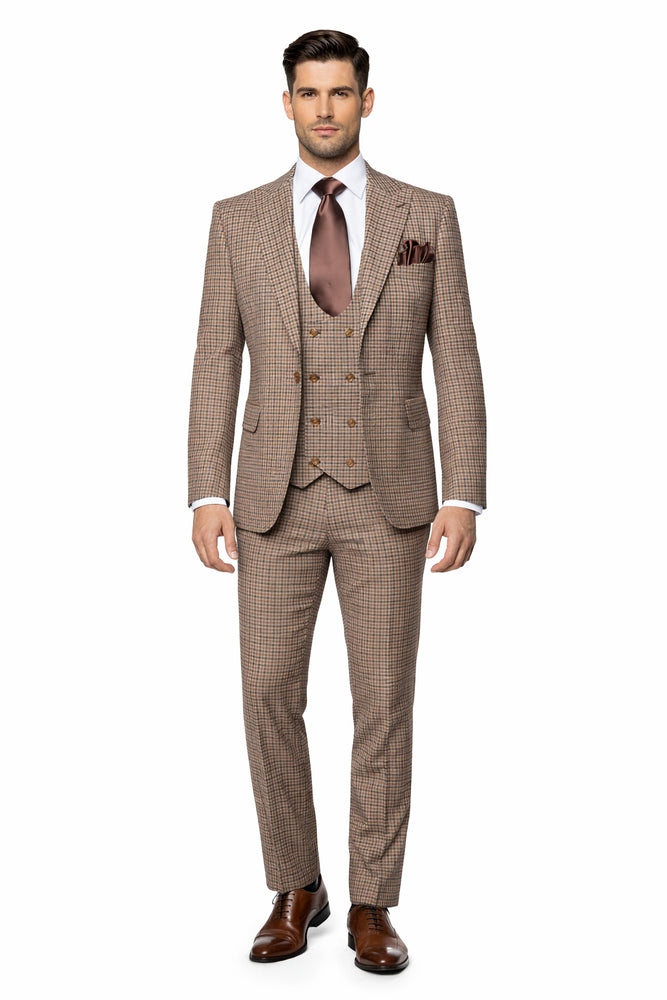 Rossiman Windsor Tan Mini-Check Double-Breasted 3-Piece Heritage Suit