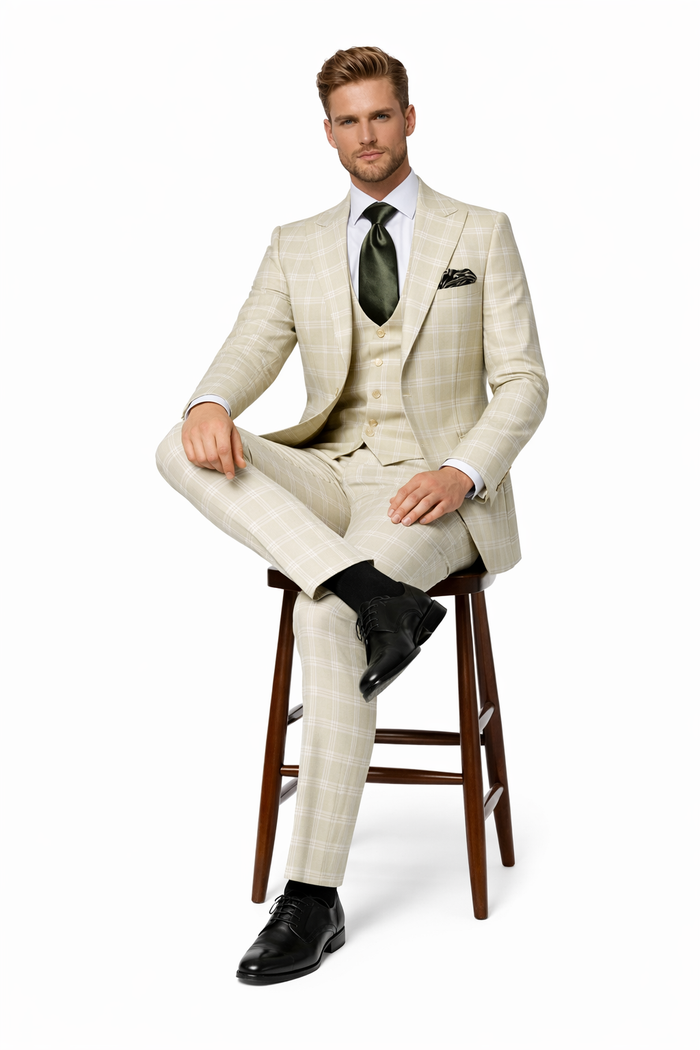 Rossiman Elite Cream Checkered 3-Piece Prestige Suit