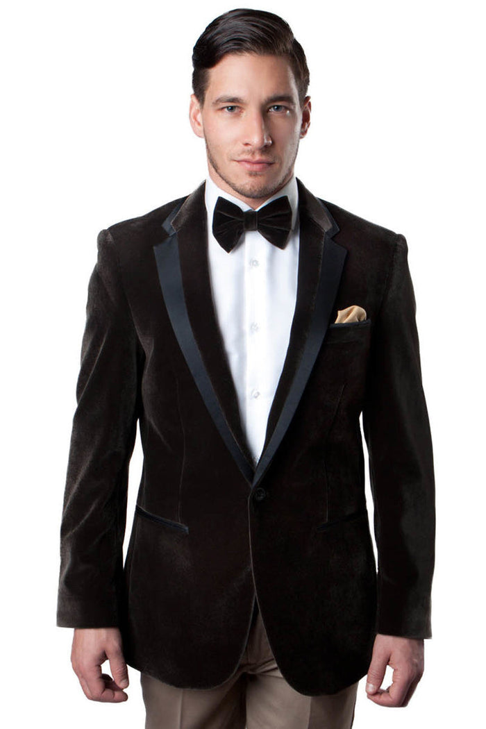 Men's Velvet Tuxedo Blazer in Brown with Satin Trim