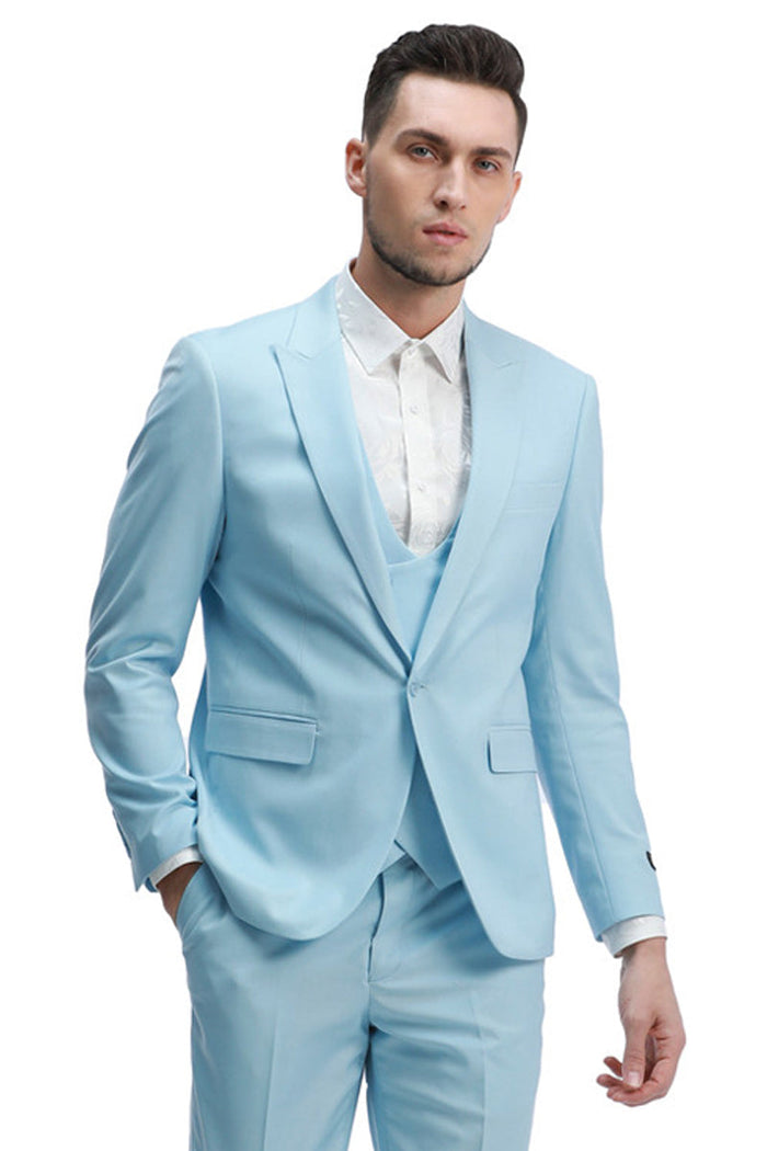 Men's Light Blue Slim Fit Double Breasted Vest