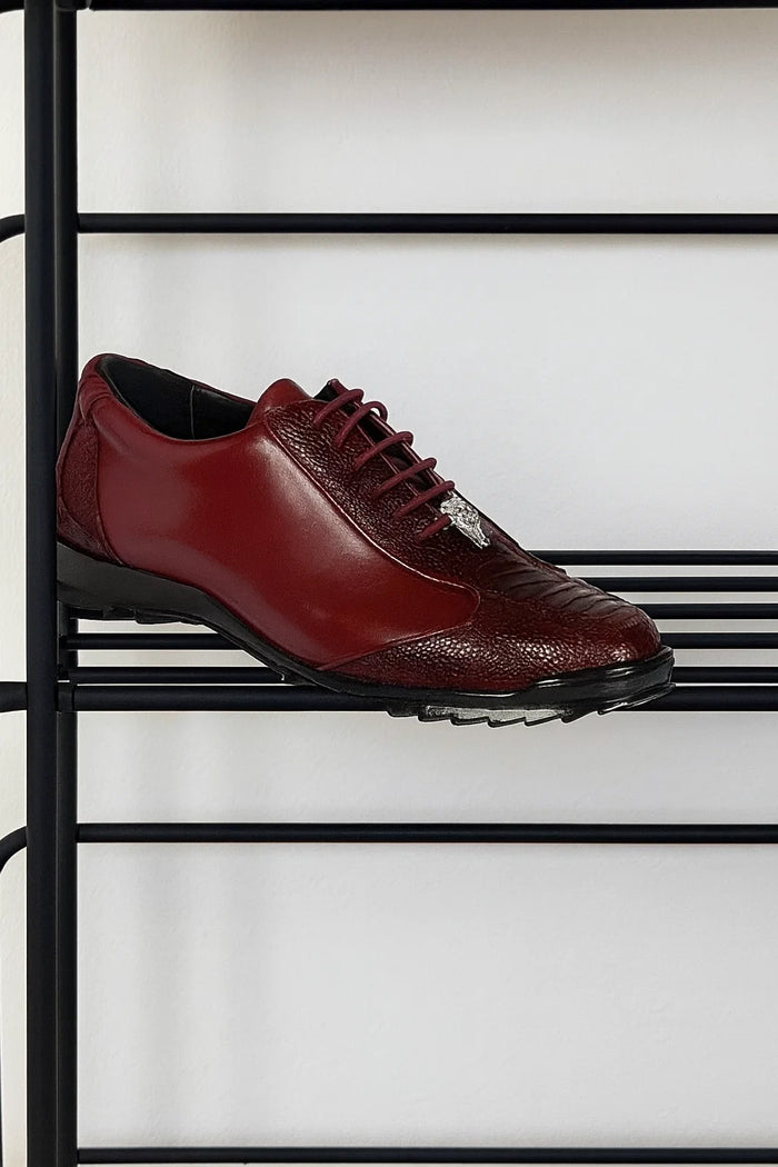 Mens Los Altos Genuine Ostrich Leg Patch Design Burgundy Sneaker