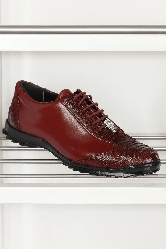 Mens Los Altos Genuine Ostrich Leg Patch Design Burgundy Sneaker