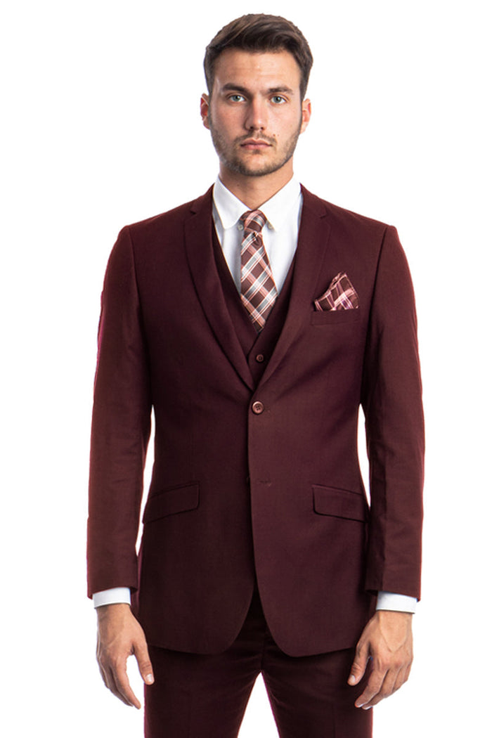 Men's Burgundy Slim Fit Vested Suit by Tazzio Suits