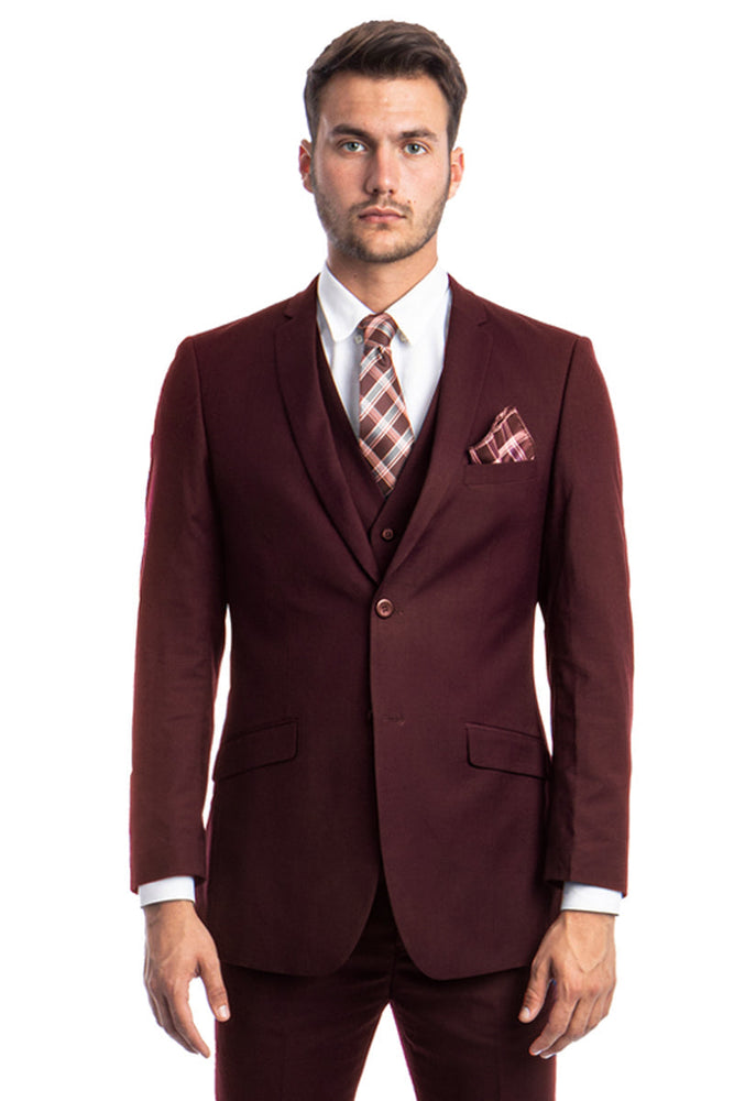 Men's Burgundy Slim Fit Vested Suit by Tazzio Suits