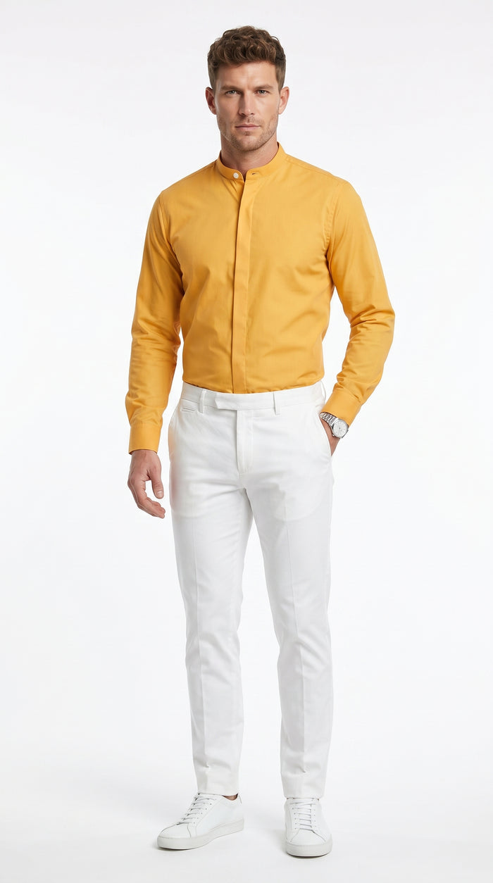Men’s Honey Gold Mandarin Collar Dress Shirt, Banded Collar Oriental Style Formal Shirt