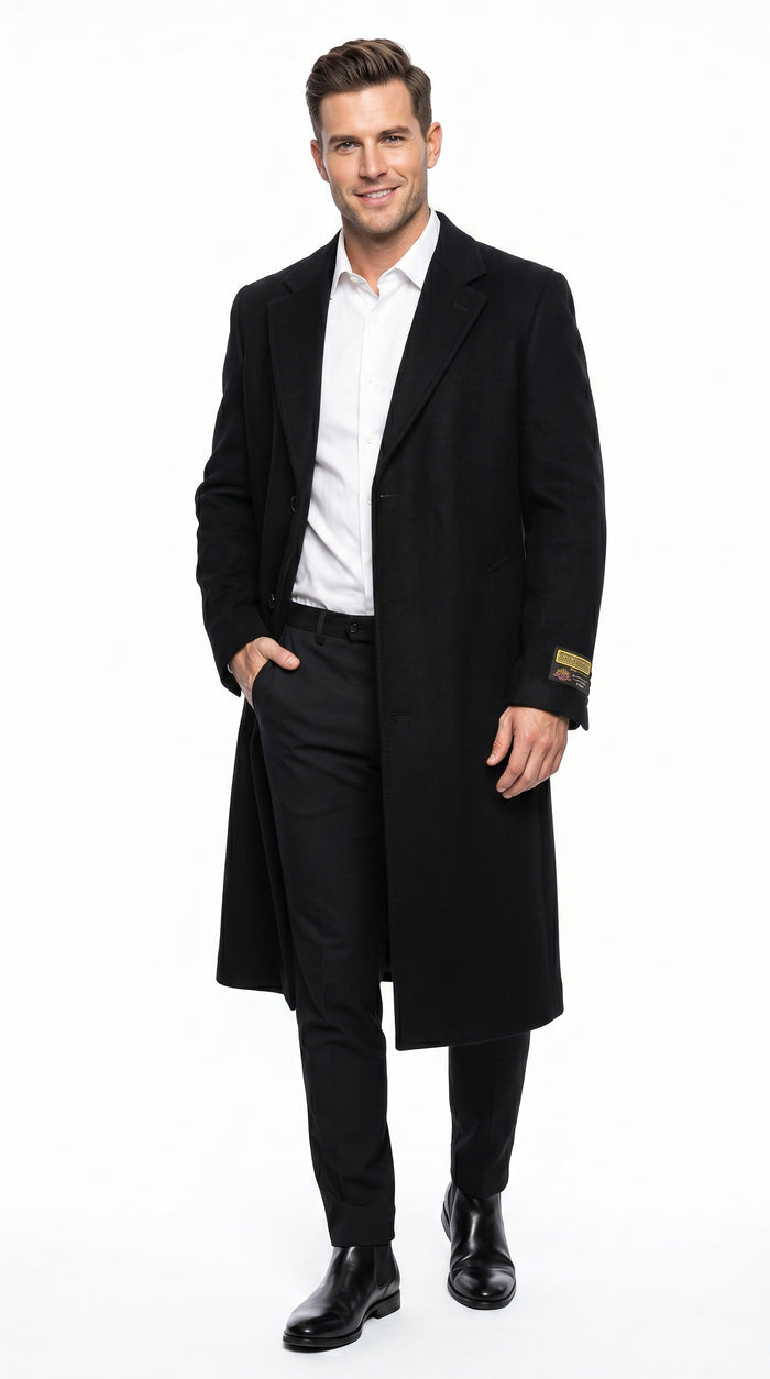 Men’s Black Big and Tall Long Overcoat, Winter Dress Topcoat in 4XL 5XL 6XL