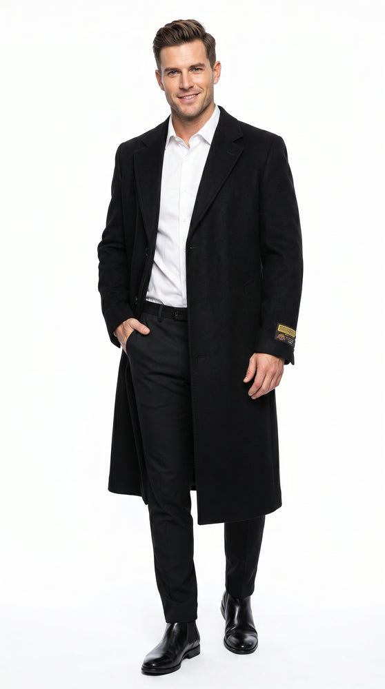 Men’s Black Big and Tall Long Overcoat, Winter Dress Topcoat in 4XL 5XL 6XL