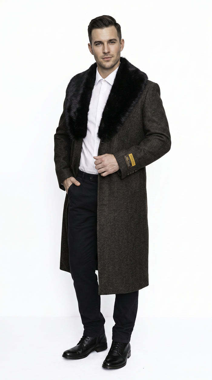 Men’s Brown Big and Tall Long Overcoat with Fur Style Collar, Winter Dress Topcoat in 4XL 5XL 6XL