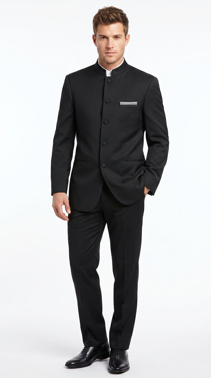 Men’s Black 5 Button Mandarin Collar Nehru Style Suit, Formal Banded Collar Dress Suit
