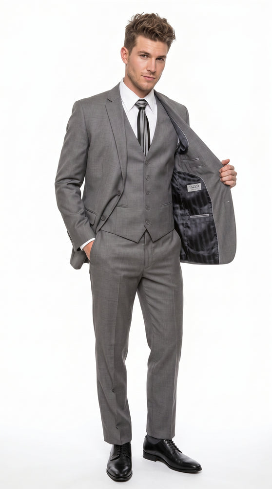 Men’s Gray 3 Piece Vested Suit with 2 Button Jacket and Peak Lapel, Formal Wedding Business Suit
