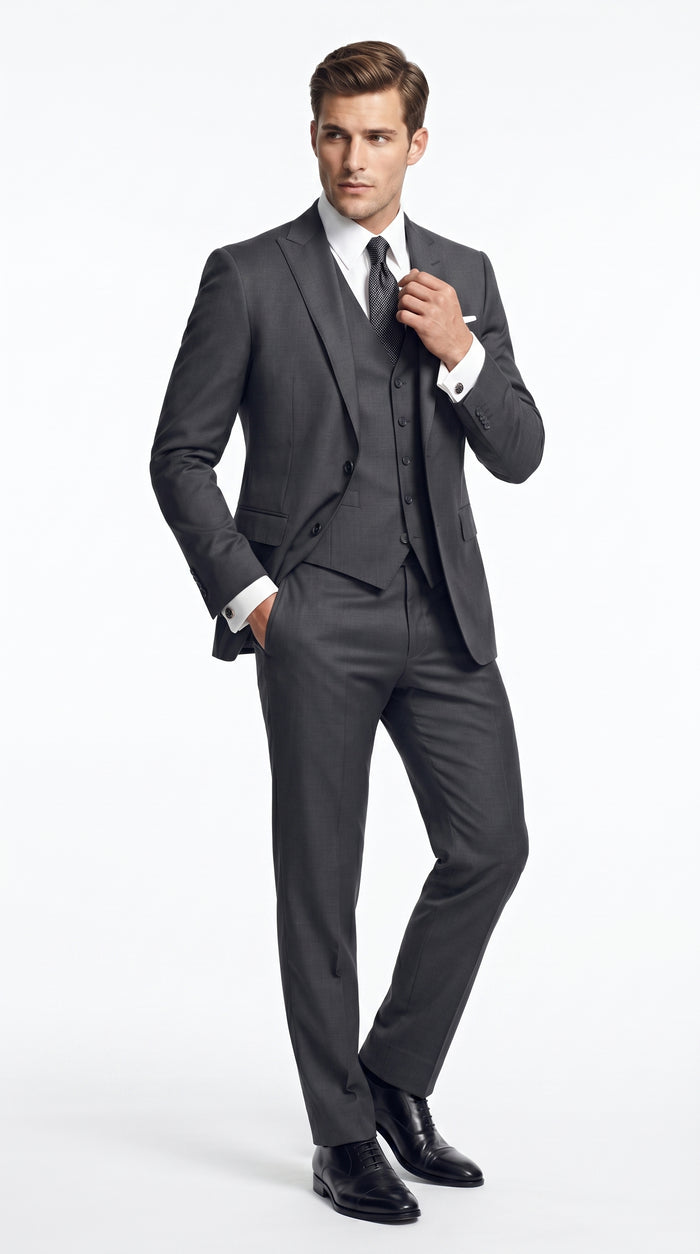 Men’s Dark Grey 3 Piece Vested Suit with 2 Button Jacket and Peak Lapel, Formal Wedding Business Suit