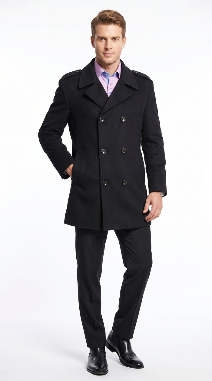 Men’s Black Wool Blend Double Breasted Peacoat, Designer Style Winter Dress Coat
