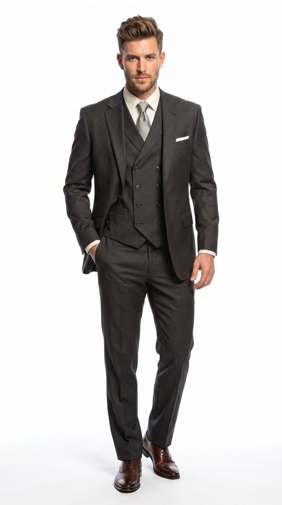 Men’s Urban Gray 3 Piece Suit with Double Breasted Vest and Pleated Pants, Formal Dress Suit
