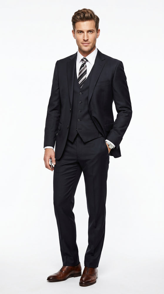 Men’s Black 3 Piece Suit with 2 Button Jacket, Vested Peak Lapel Formal Dress Suit