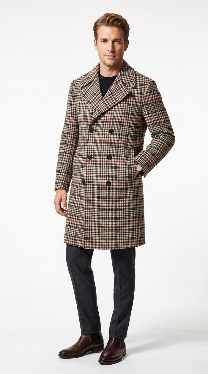 Men’s Cream Black and Red Plaid Wool Blend Peacoat, Checkered Double Breasted Winter Coat