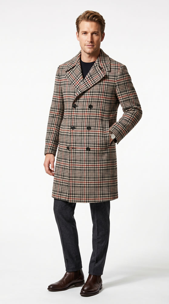 Men’s Cream Black and Red Plaid Wool Blend Peacoat, Checkered Double Breasted Winter Coat