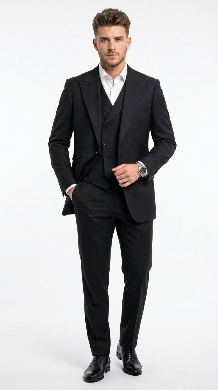 Men’s Black Classic Fit 3 Piece Suit with Double Breasted Vest and Pleated Pants