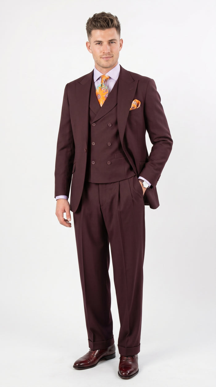 Men’s Burgundy Maroon 3 Piece Suit with Double Breasted Vest and Pleated Pants