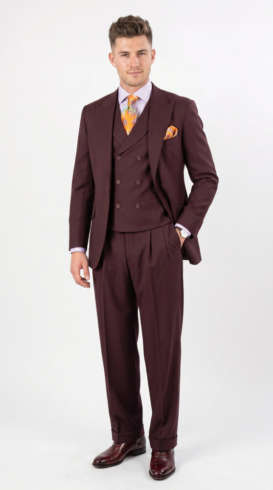 Men’s Burgundy Maroon 3 Piece Suit with Double Breasted Vest and Pleated Pants