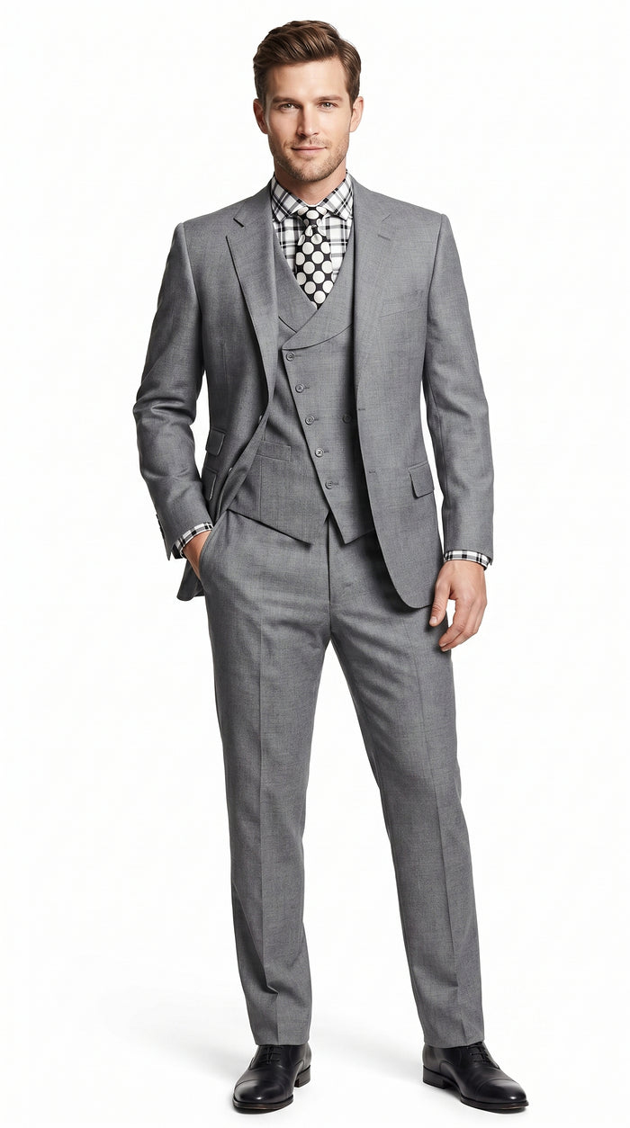Men’s Light Grey 3 Piece Suit with Double Breasted Vest and Pleated Pants