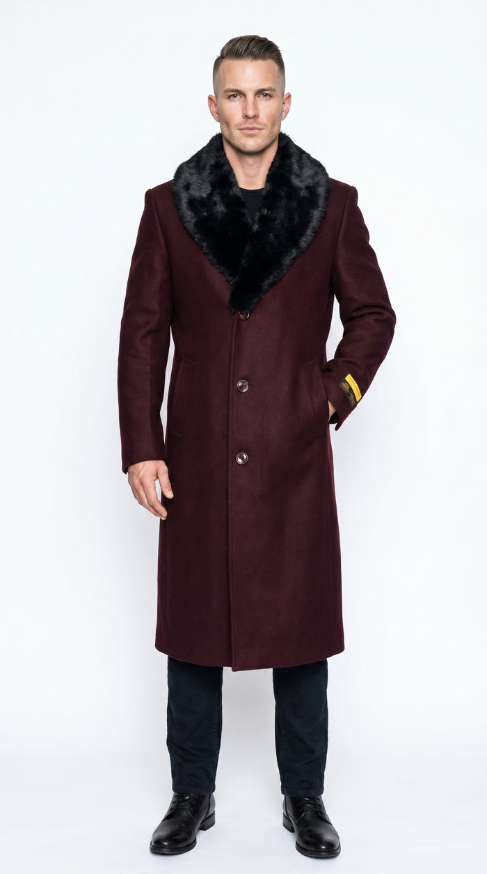 Men’s Burgundy Big and Tall Long Overcoat with Black Fur Style Collar, Winter Dress Topcoat up to Size 68