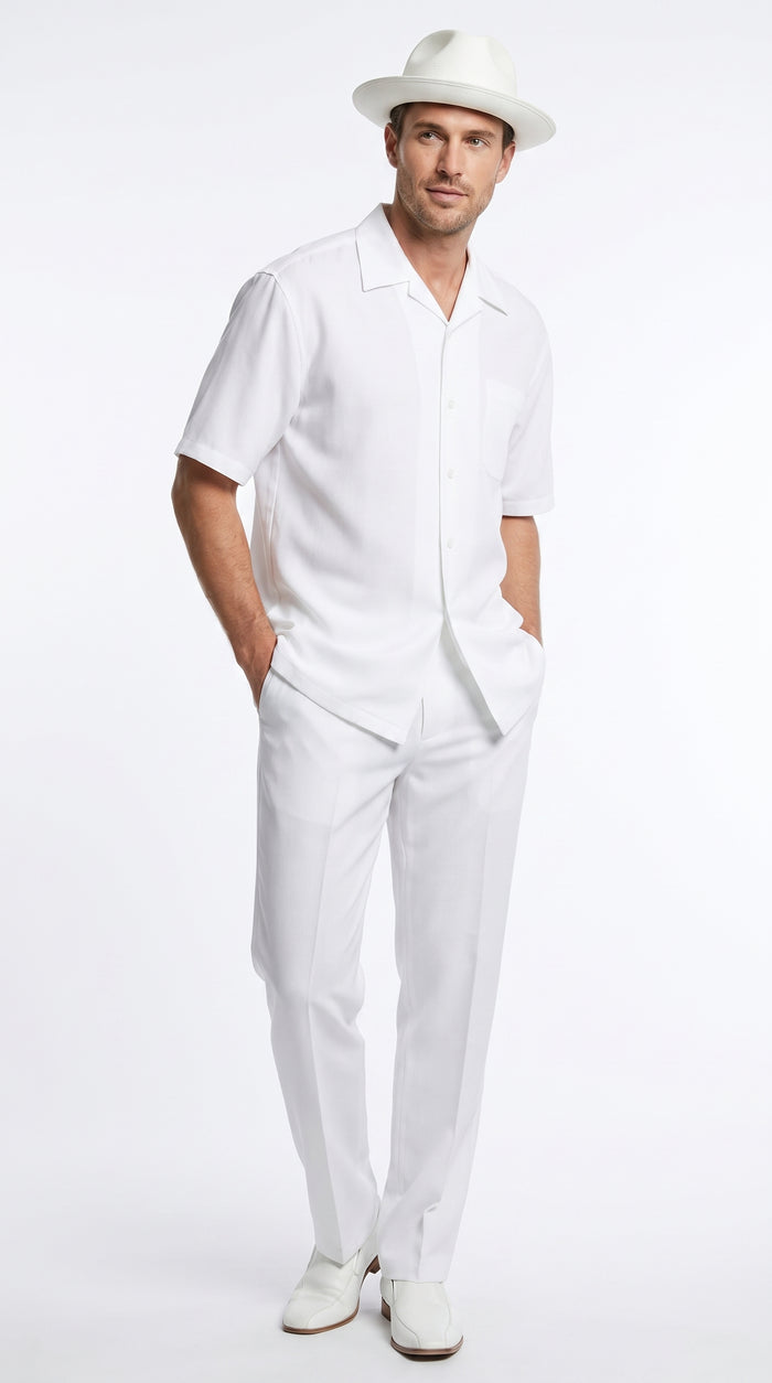 Men’s White Linen Walking Suit with Short Sleeve Shirt and Matching Pants, Summer Casual Outfit