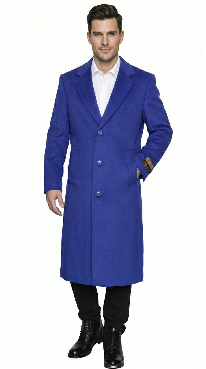Men’s Royal Blue Full Length Overcoat Big and Tall Wool Blend Dress Topcoat Winter Coat 4XL 5XL 6XL