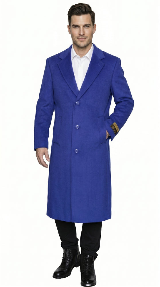 Men’s Royal Blue Full Length Overcoat Big and Tall Wool Blend Dress Topcoat Winter Coat 4XL 5XL 6XL