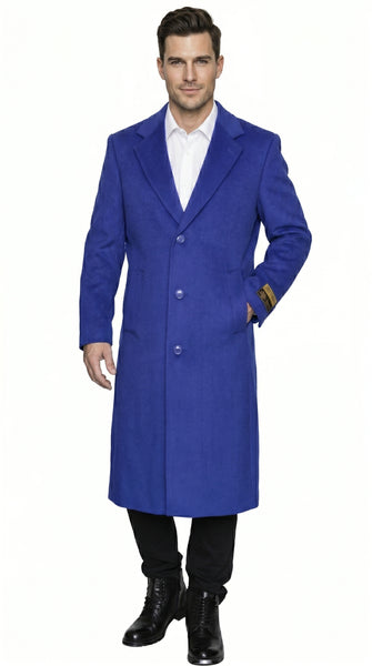 Men’s Royal Blue Full Length Overcoat Big and Tall Wool Blend Dress Topcoat Winter Coat 4XL 5XL 6XL
