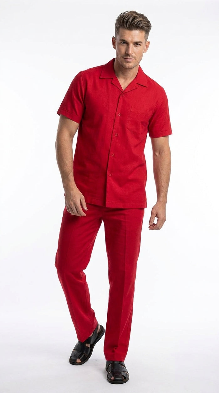 Men’s Red 2 Piece Short Sleeve Walking Suit, Casual Shirt and Pants Set