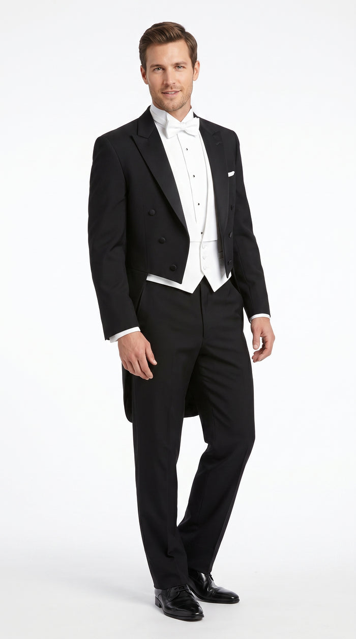 Men’s Black Tailcoat Tuxedo Jacket with Notch Collar, 6 Button Formal Tail Suit