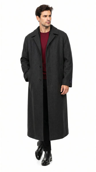 Men’s Charcoal 3 Button Long Wool Blend Dress Coat, Full Length Formal Winter Overcoat