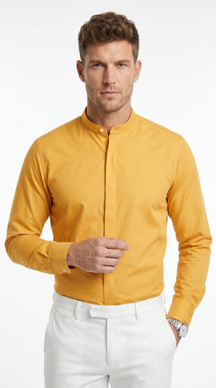 Men’s Honey Gold Mandarin Collar Dress Shirt, Banded Collar Oriental Style Formal Shirt