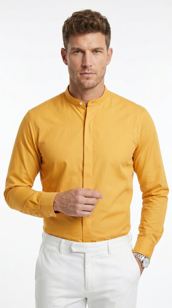 Men’s Honey Gold Mandarin Collar Dress Shirt, Banded Collar Oriental Style Formal Shirt