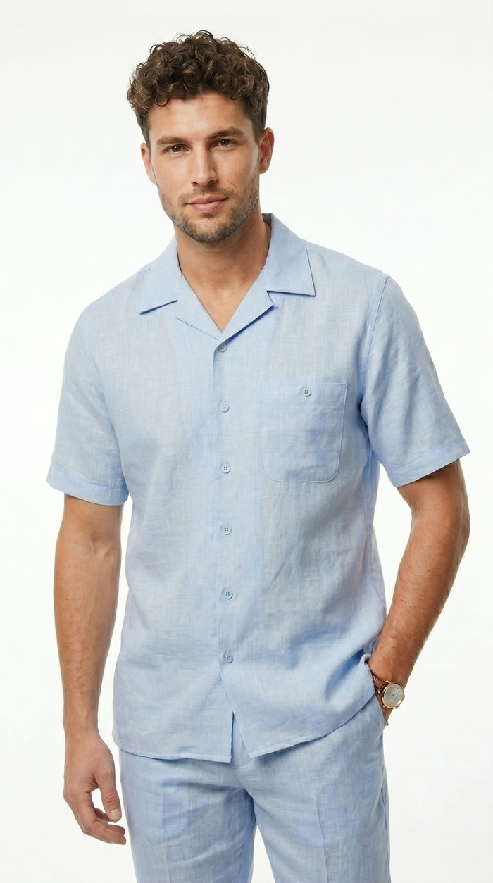 Men’s Light Blue Linen Walking Suit with Short Sleeve Shirt and Matching Pants, Summer Casual Outfit