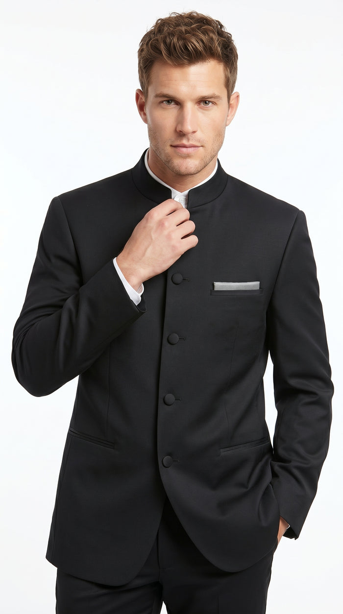Men’s Black 5 Button Mandarin Collar Nehru Style Suit, Formal Banded Collar Dress Suit