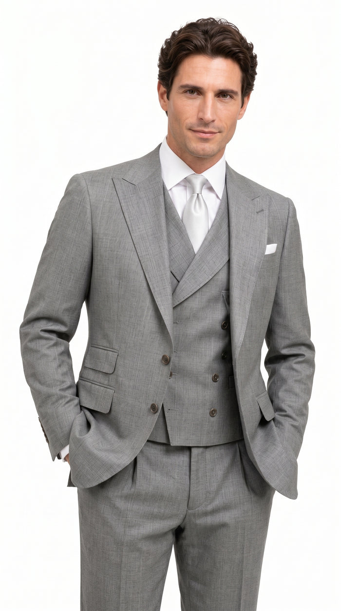 Men’s Light Grey Classic Fit Suit with Double Breasted Vest and Pleated Pants, Formal Dress Suit