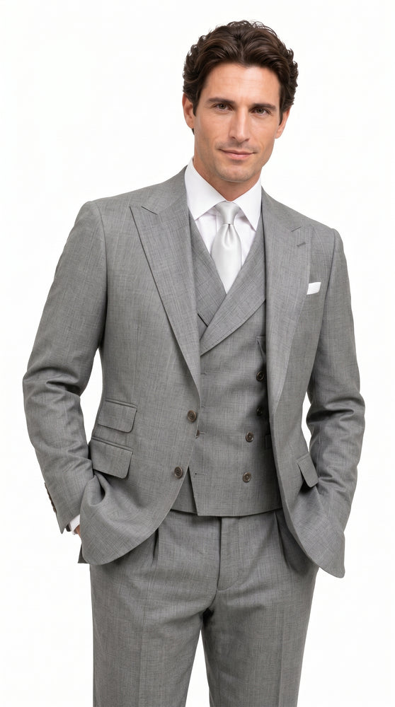 Men’s Light Grey Classic Fit Suit with Double Breasted Vest and Pleated Pants, Formal Dress Suit