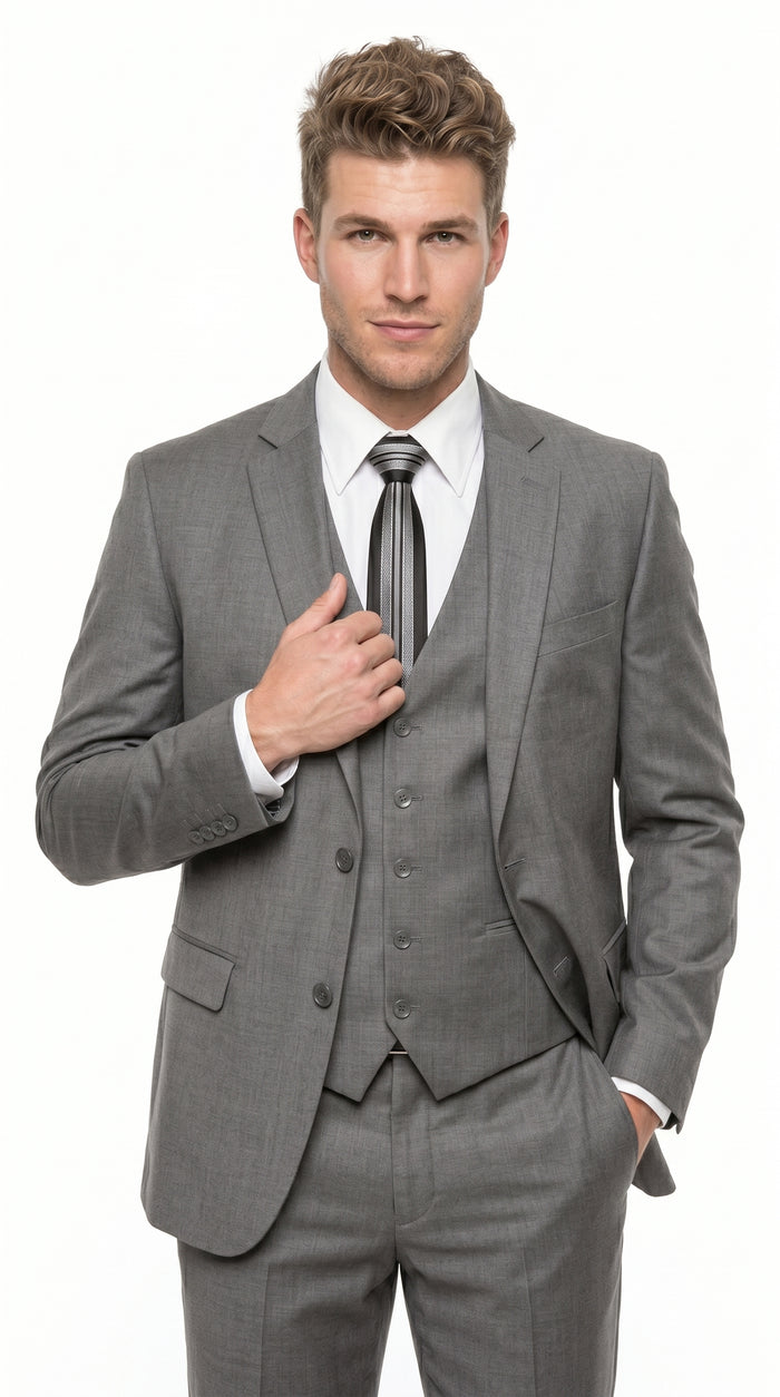 Men’s Gray 3 Piece Vested Suit with 2 Button Jacket and Peak Lapel, Formal Wedding Business Suit