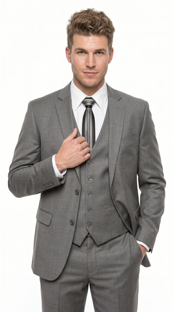 Men’s Gray 3 Piece Vested Suit with 2 Button Jacket and Peak Lapel, Formal Wedding Business Suit