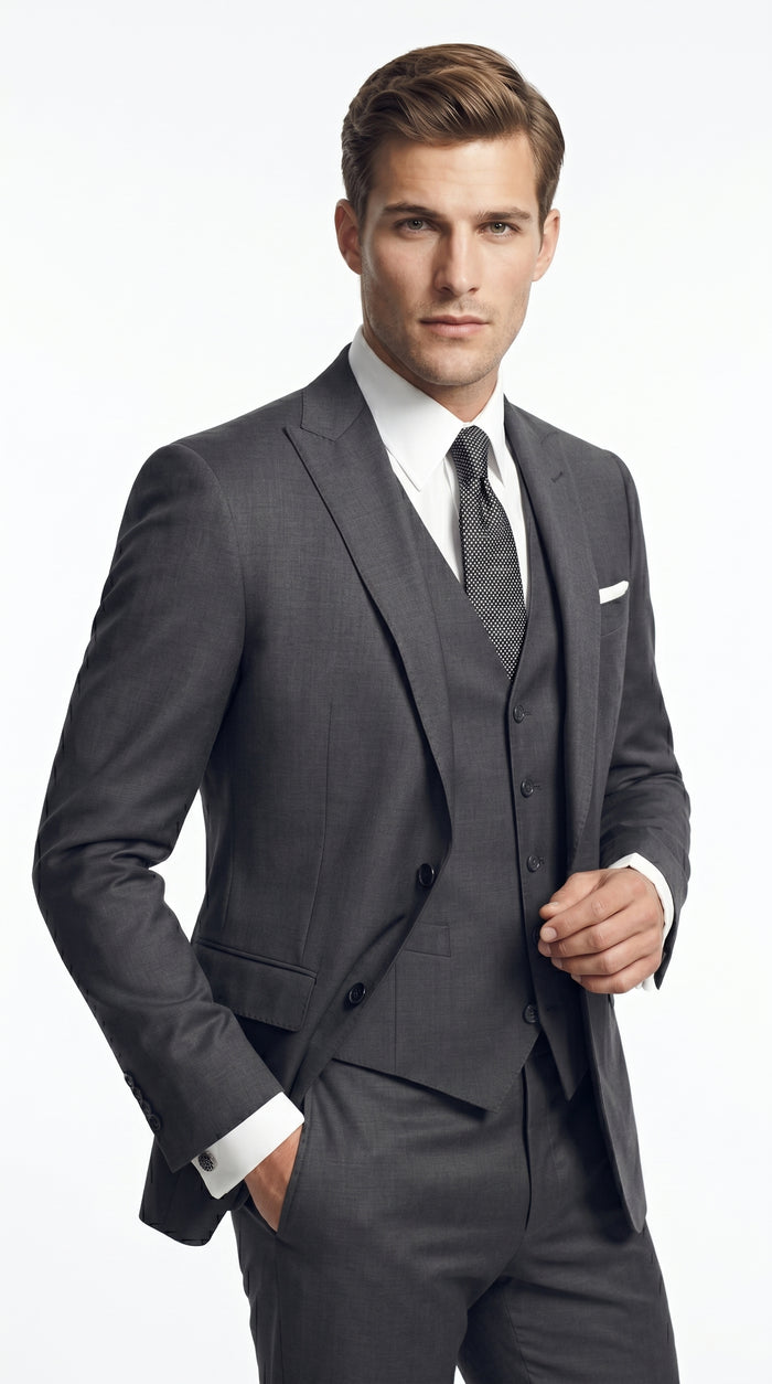 Men’s Dark Grey 3 Piece Vested Suit with 2 Button Jacket and Peak Lapel, Formal Wedding Business Suit