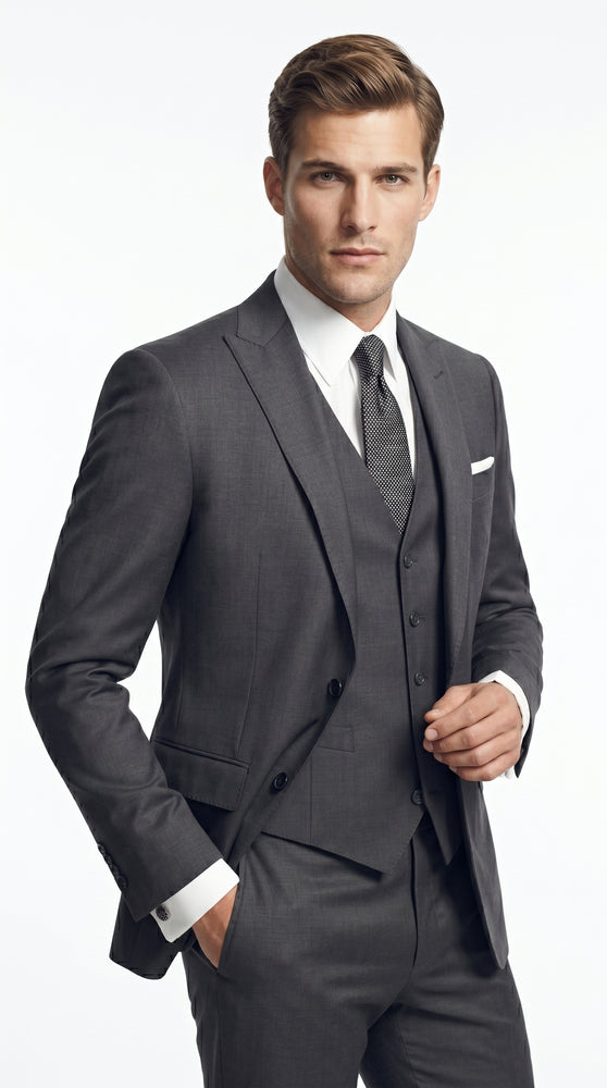 Men’s Dark Grey 3 Piece Vested Suit with 2 Button Jacket and Peak Lapel, Formal Wedding Business Suit