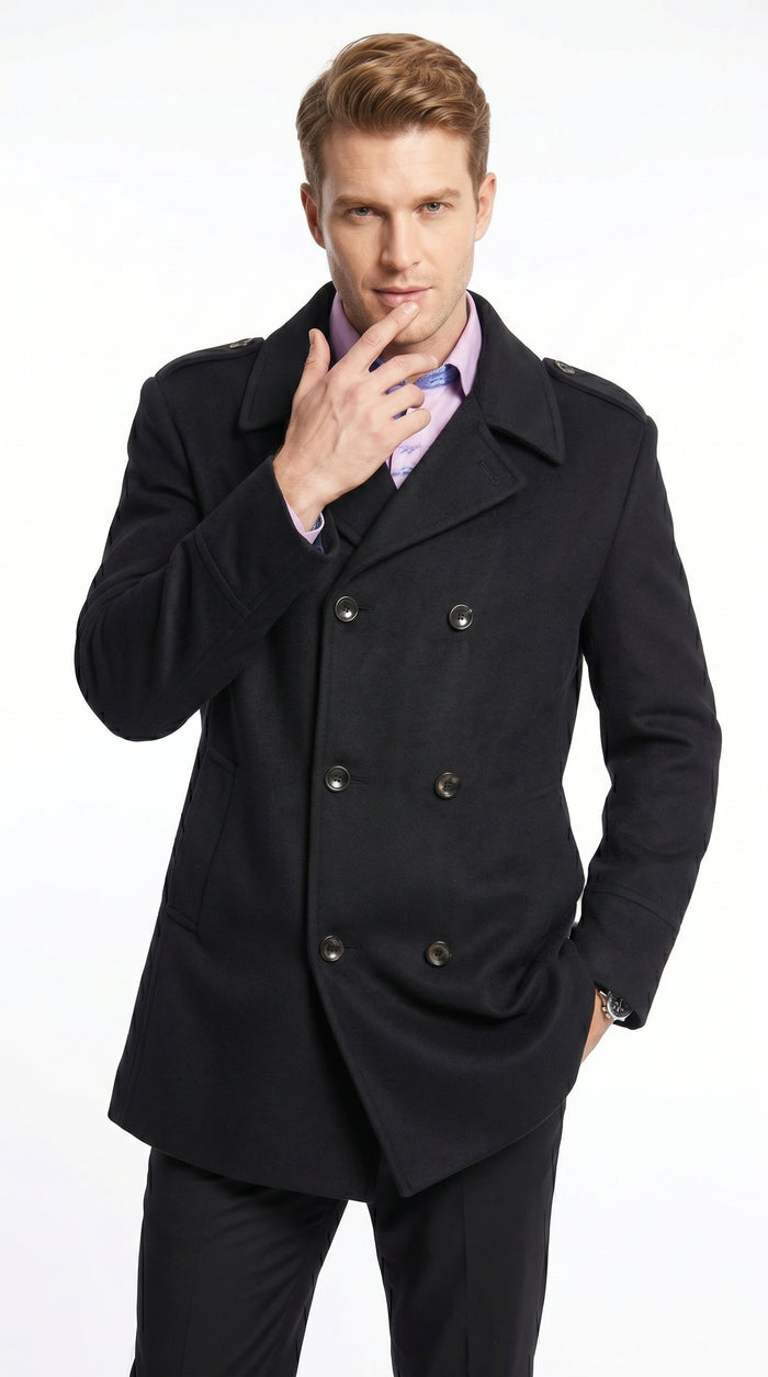 Men’s Black Wool Blend Double Breasted Peacoat, Designer Style Winter Dress Coat