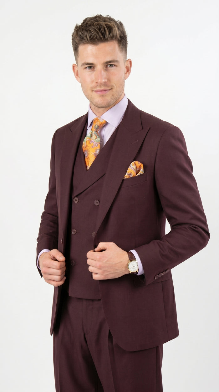 Men’s Burgundy Maroon 3 Piece Suit with Double Breasted Vest and Pleated Pants