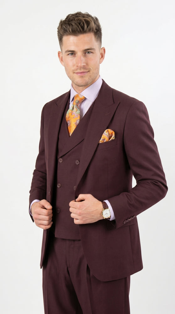 Men’s Burgundy Maroon 3 Piece Suit with Double Breasted Vest and Pleated Pants